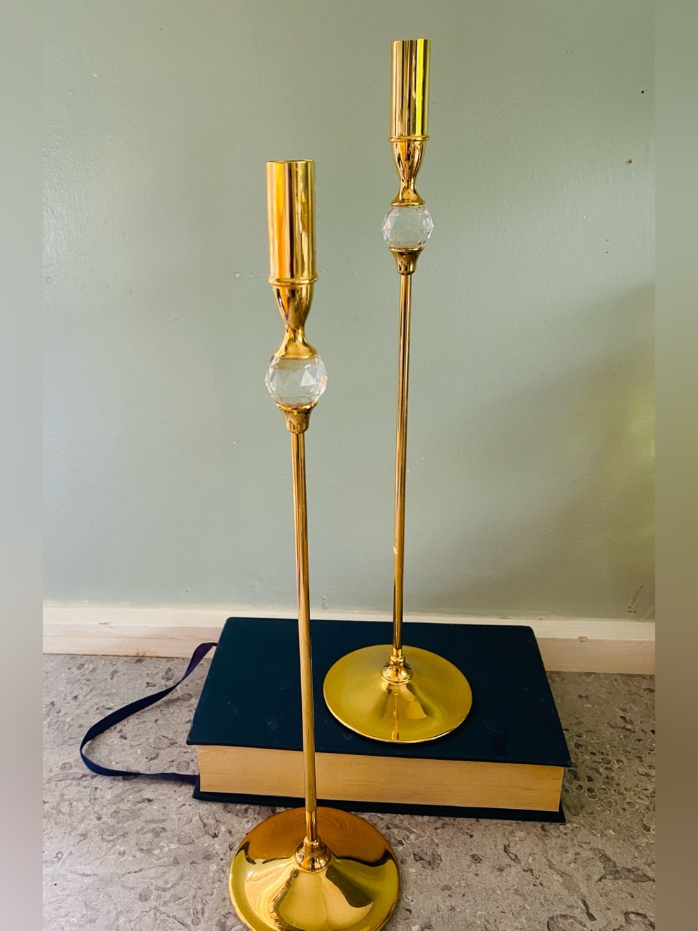 Vtg Valerio Albarello 24K Gold GEP Brass Swarovski Crystal Candle Holders - Pair